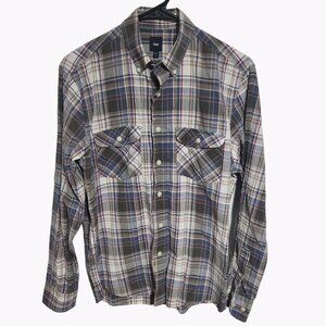 Gap Button Front Shirt Mens Size Small Western Brown Plaid Long Sleeve Top